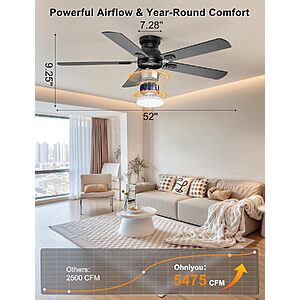 Prime: 52" Ohniyou Low Profile 6-Speed Flush Mount Ceiling Fan (Black) $43.79 & More + Free Shipping