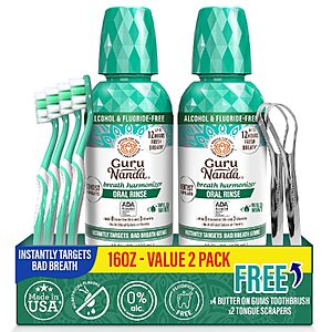 2-Pack 16-Oz GuruNanda Alcohol-Free Mouthwash (Wild Mint) w/ 4 Toothbrushes & 2 Tongue Scrapers $10.87 w/ S&S + Free Shipping w/ Prime or on $35+