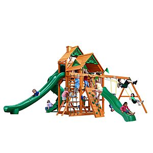 Gorilla Playsets 01-0031-AP Great Skye II Wood Swing Set with Wood Roof, 3 Slides, and Rock Wall, Brown $3159.99