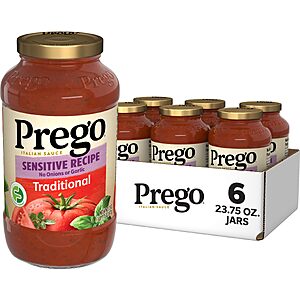 $10.62 S&S CLIP Q YMMV Prego Traditional Sensitive, No Sugar or Mushroom -Gr Pepper Pasta Sauce, 23.75 Oz Jar (Case of 6)
