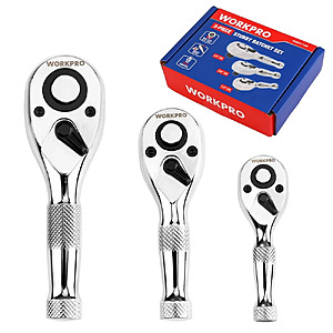 $19.19, FS, WORKPRO 3PC Stubby Ratchet Set 1/4" 3/8" 1/2" Drive Ratchet Handle Quick Release