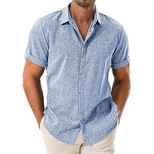 Drazivon Men's Linen Short Sleeve Button Down Casual Beach Shirts Blue M $9.99