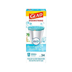 34-Count 4-Gallon Glad OdorShield Small Drawstring Trash Bags (Febreze Beachside Breeze) $4.29 + Free Shipping w/ Prime or $6 Fee per Order