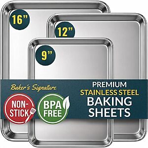 3-Pack Baker's Signature Stainless Steel Baking Sheet Pan Set (9"/12"/16") $29.99 + Free Shipping w/ Prime or on $35+