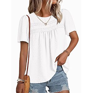 Women's Short Sleeve Chiffon Top $5.99 – Crewneck Casual Blouse with Lace Hem