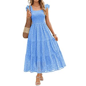 Lazysmile Women's Tiered A Line Lined Eyelet Smocked Summer Boho Maxi Dress w/ Pockets (Various) from $15.30 + Free Shipping w/ Prime or on $35+