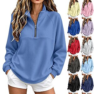 Womens Quarter Zip Pullover Fleece Athletic Mock Neck Oversized Sweatshirt $12.95