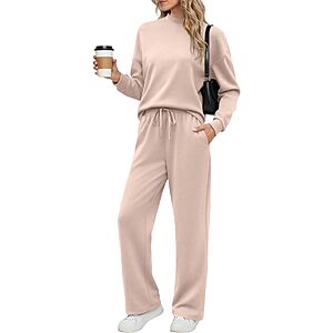 Ekouaer Two Piece Sets for Women Mock Neck Lounge Sets with Wide Leg Pants $13.99