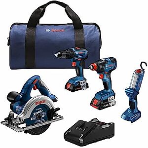 $249* | BOSCH 18V 4-Tool Kit w/ Impact, Hammer Drill, Circ Saw, Light, 2Ah & 4Ah Batteries at Amazon