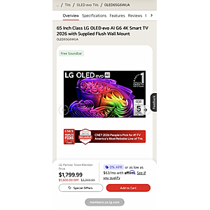 LG Partner Store: 65" LG OLED evo G6 4K Smart TV (2026, OLED65G6WUA) + Free S80TR Atmos Soundbar + Free Stand $1799.99