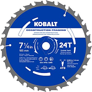 in store only Kobalt 7-1/4-in 24 -Tooth Rough Finish Tungsten carbide-tipped steel Circular saw blade $4.92 @lowes