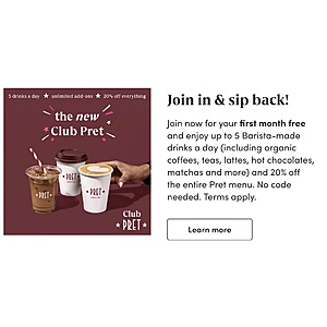 For SERIOUS Coffee Lovers Only: Pret A Manger Upgrades $50/mo “Club Pret” Rewards - 5 Free Drinks/Day + Much More, First Month Free!
