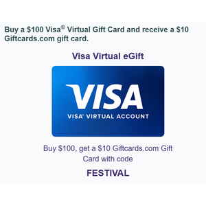 Giftcards.com: Buy $100 Visa® Virtual Gift Card, Get $10 Giftcards.com GC