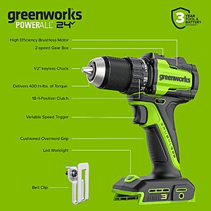 $55 FS AMAZON GREENWORKS 24V 1/2" Brushless Cordless Drill (400 In-lbs.), 2.0Ah (12,000mAh Power Bank) USB-C Batteries, 3.3 FT Braided Cable, 30W Charger