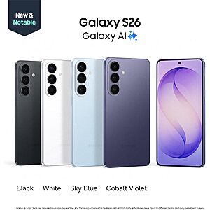 Samsung Galaxy S26, Unlocked Android Smartphone, 256GB, Cobalt Violet $708