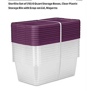 Walmart YMMV Clearance: Sterilite Set of (10) 6 Quart Storage Boxes, Clear Plastic Storage Bin with Snap-on Lid, Magenta $3.00