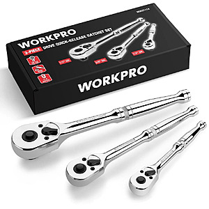 $23.19, FS, WORKPRO 3PC Ratchet Set Quick Release Reversible 72-Tooth 1/4" 3/8" 1/2" Drive