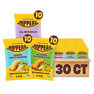 [S&S] Hippeas Chickpea Puffs, Variety Pack, Groovy White Cheddar, Jalapeño Cheddar, All Dressed, 30 x 0.8 oz, Baked Crunchy Chickpea Snacks $18.21