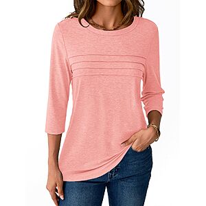 NORACORA 3/4 Sleeve Tops for Women Fall Fashion 2025 Dressy Casual Crewneck Blouses Tshirts Trendy Pleated Tunic Shirts for Leggings Dusty Pink S $4.99