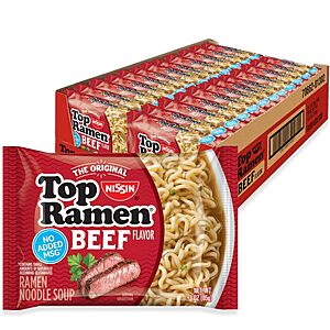 Nissin Top Ramen Noodle Soup, Beef, 3 Ounce (Pack of 24) $5.98 (or less with Subscribe and Save)