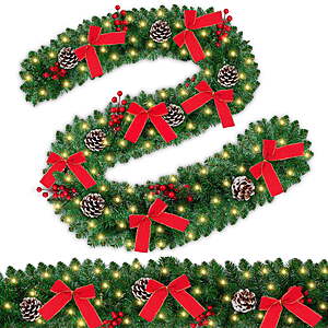 Yexmas 9FT Pre-Lit Christmas Garland with LED Lights, Decorated with Bows, Pinecones and Berry Clusters, Battery Operated Xmas Garland for Mantel, Stair, Door $20