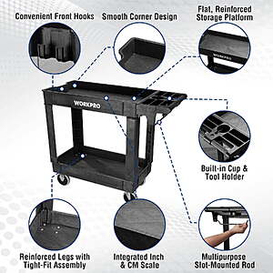 $81.99 ac FS WALMART by GreatStar: WORKPRO 500 LBS 2-Tier Utility Service Cart, Rolling Tool Cart with 360° Swivel Locking Casters, 39"x17"x33" PP Plastic Work Station for Garage