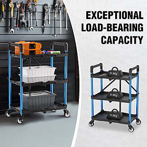 $74 FS Walmart by Great Star: WORKPRO 3-Tier Folding Collapsible Service Cart with Wheels, 210 Lbs Loading Capacity, Foldable Rolling Utility Cart for Garage, Warehouse,