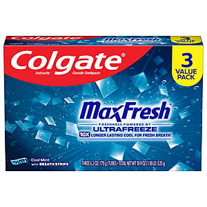 $7.96 get $2 Walmart Cash Limit 3: Colgate MaxFresh Toothpaste, 3 Pack, 6.3 oz choice of 3 flavors at link