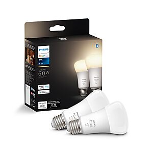 used Philips Hue Smart 60W A19 LED Bulb - Soft Warm White Light - 2 Pack - 800LM - E26 as long as $9.59