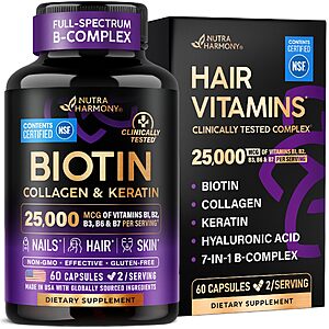 [S&S] NUTRA HARMONY Biotin, Collagen & Keratin + Full B-Complex - Hair Growth Support - 60 Caps $19.59