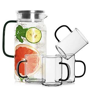 5-Piece LUXU Borosilicate Glass Pitcher Set w/ 42-Oz Pitcher & 4 Coffee Mugs $12.99 + Free Shipping w/ Prime or on $35+