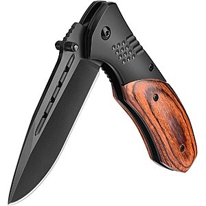 Pocket Knife for Men, Wood Handle Folding Knives, Large, Black Liner Lock, Deep Pocket Clip, Glass Breaker, Thumb Stud - $8.99 after coupon