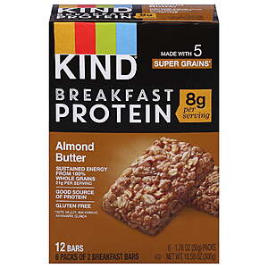 (5 pack) KIND Breakfast Protein Bars, Almond Butter, Gluten Free, 8g Protein, 1.76 oz, 6 Packs $17.93