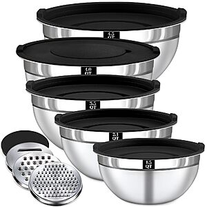 Boskermeal 8PCS Mixing Bowls with Lids Set - 5 Nesting Mixing Bowls, 3 Grater Attachments, Size 1.5/2.1/3.5/4/4.5 QT, Black - $19.99