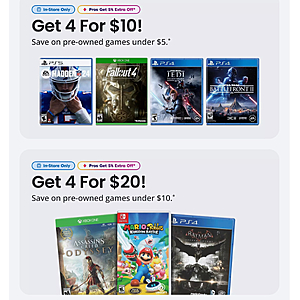 Gamestop in-store only - 4/$10 pre-owned games regularly priced under $5, 4/$20 pre-owned games regularly priced under $10