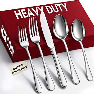 KIKCOIN 40 Pack Silverware Set for 8, Food-Grade Stainless Steel Flatware Set, Heavy Duty Mirror Polished Cutlery Utensils Set with Knives Spoons and Forks Set