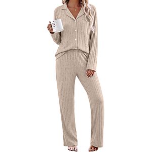 Ekouaer 2 Piece Pajamas Sets for Women Long Sleeve Ribbed Knit Loungewear $11.99