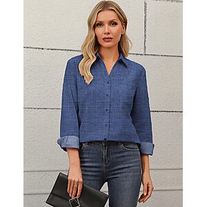 Zeagoo Womens Blouses Long Sleeve Dress Shirt Business Casual Blue Denim $9.99