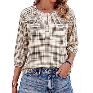 WIHOLL 3/4 Length Sleeve Womens Tops Pleated Front Crew Neck Dressy Casual Business Casual Spring Summer Shirts $9.99