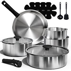 CAROTE 15pcs Tri-Ply Stainless Steel Cookware Set with Detachable Handle $59.99