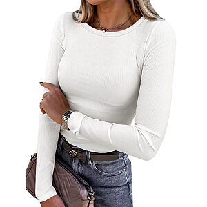ANRABESS Women Long Sleeve Shirts Ribbed Fitted Tops,White,XL $8.98