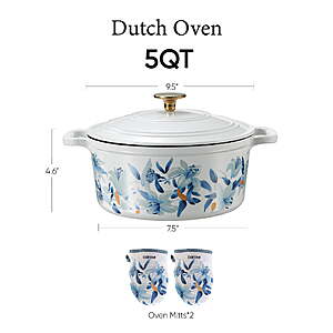 $32.98 FS WALMART+ or at $35: CAROTE 5QT Cast Iron Dutch Oven with Gloves and Pot Pad, Nonstick Cookware for Baking, Roasting, Braising & Cooking, Dual Handles,Blue