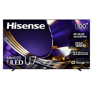 Hisense 100" U7 Mini-LED ULED 4K UHD Best Premium Gaming HDR Smart Google TV (100U7SG, 2026 New) - Hi-QLED, Native 165Hz, VRR 288, HDR10+ $2497.97