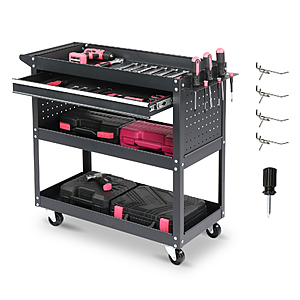 $55.99, FS, Rolling Tool Cart with Pegboard & Drawer & 4 Hooks 3-tier Storage Capacity Cart $55.97