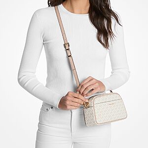 Michael Kors Women's Jet Set Small Camera Crossbody, Gold-Tone Hardware/MK Signature Semi Lux Black, Vanilla/Soft Pink $79.2