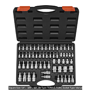 VEVOR Torx Bit Socket and External Torx Socket Set, 60-Piece T6-T70, TT6-TT70, TP8-TP60, E4-E24, S2 Alloy Steel and Cr-V Steel $28