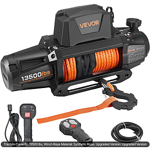 VEVOR Electric Winch, 13500 lbs Load Capacity, 12V DC Truck Winch with Φ3/8 in x 92 ft Synthetic Rope, Wireless & Wired Remote Control, IP68 Waterproof $283