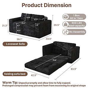 $179.97 FS Walmart by Lofka Convertible Futon Sofa Bed, 59" Boneless Couch for Living Room Folding Corduroy Sleeper Floor Couch with 2 Pillows and Pockets