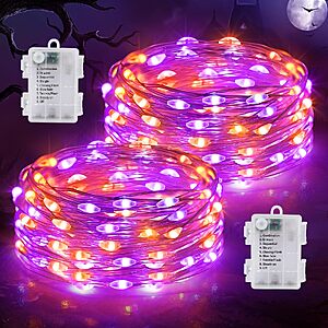 Heceltt 2 Pack Halloween Fairy Lights Indoor,Total 46ft 140LED Purple and Orange Fairy Lights Battery Operated with 8 Modes for Bedroom Stairs Decorations. $6.99