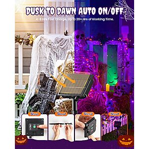 Minetom 2 Pack Solar Halloween Lights, 66ft 200 LED, Orange & Purple $9.99